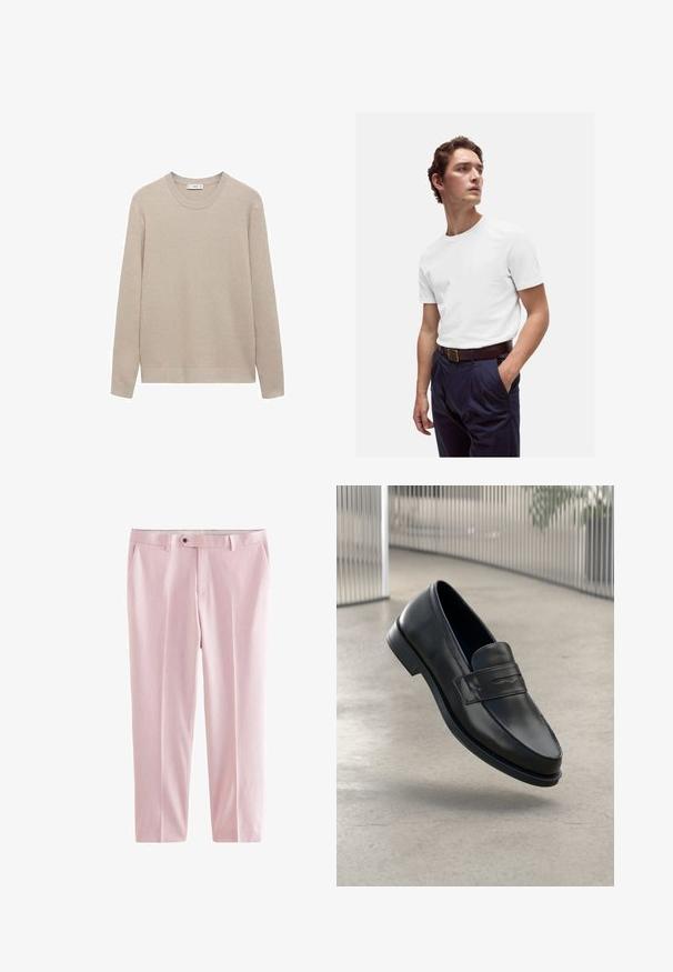 Beige gerippter Strickpullover mit Rundhalsausschnitt, langen Ärmeln und geradem Saum. Weiche Textur und neutrale Farbe, die sich gut zum Schichten eignet.; Weißes Baumwoll-T-Shirt mit rundem Ausschnitt, kombiniert mit navyblauen, gefalteten Hosen und einem braunen Ledergürtel mit goldener Schnalle.; Next MOTIONFLEX - Anzughose - pink; Schwarzer Lederloafer mit glatter Textur, spitzer Zehe und einem dekorativen Riemen über dem Rist. Leichte Sohle, minimalistisches Design.
