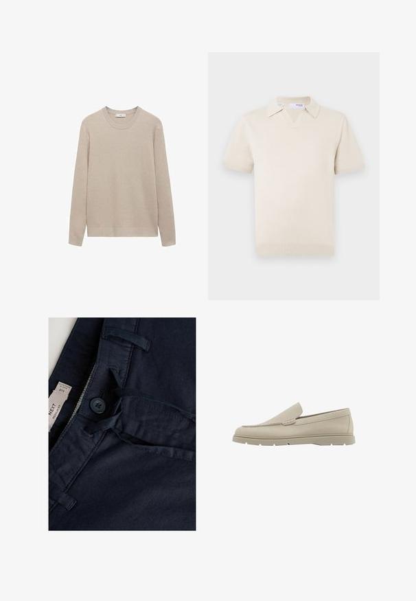 Béžový hřejivý pletený svetr s kulatým výstřihem, dlouhými rukávy a rovním lemem. Měkká textura a neutrální barva vhodná pro vrstvení.; Béžová polokošile s krátkým rukávem vyrobená z pletené tkaniny, s výstřihem do V a plochým límečkem s žebrovanými manžetami a lemem.; Námořnické modré kalhoty s hladkou texturou, s knoflíkovým zapínáním, šňůrkou a štítkem. Prošité detaily na pase.; Světlé béžové boty na slip-on vyrobené z texturované kůže, s kulatou špičkou a flexibilní gumovou podrážkou s malými výřezy pro lepší trakci.