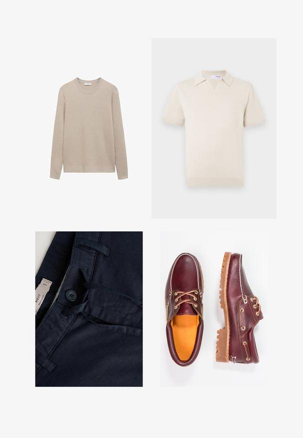 Maglione a coste beige con scollatura rotonda, maniche lunghe e orlo dritto. Tessuto morbido e colore neutro adatto per essere indossato a strati.; Polo a maniche corte beige realizzato in tessuto a maglia, con scollo a V e colletto piatto con polsini e orlo a coste.; Pantaloni blu navy con una texture liscia, dotati di chiusura con bottone, coulisse e etichetta. Dettagli cuciti sulla fascia in vita.; Scarpe in pelle bordeaux con suole in gomma marrone, punta rotonda, cuciture bianche e occhielli dorati. L'interno presenta un rivestimento giallo.