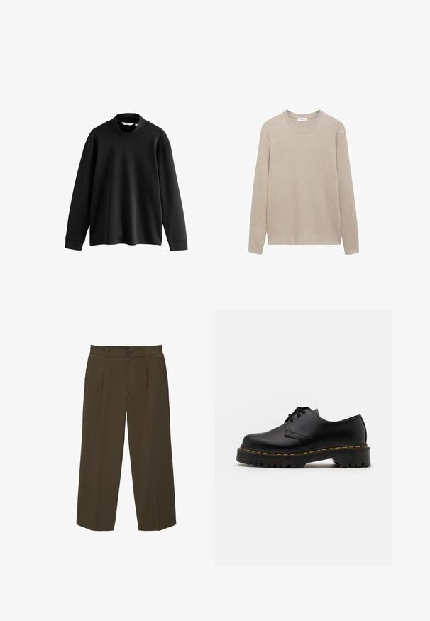 Beige ribbet striktrøje med rund halsudskæring, lange ærmer og lige kant. Blød tekstur og neutral farve, der er velegnet til lag-på-lag. ; Sort langærmet sweatshirt med høj hals, lavet af blødt stof, med dropped shoulders og ribbede manchetter for en afslappet pasform.; Brune, løst siddende bukser lavet af blødt stof med flad front, sidelommer og knaplukning i taljen. Ensfarvet design uden mønstre.; Sort læder snøresko med en rund tå, tekstureret gummisål og gule stikninger omkring bunden. Flad design og glat finish.