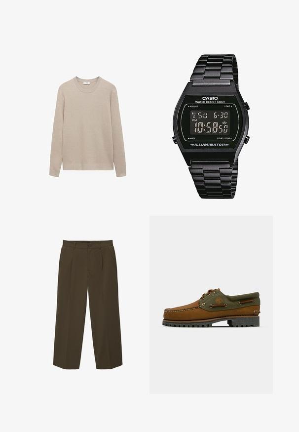 Pull en tricot côtelé beige avec un col rond, des manches longues et un ourlet droit. Texture douce et couleur neutre idéale pour le superposition.; Pantalons marron à coupe loose en tissu doux, avec un devant plat, des poches latérales et une fermeture à bouton à la taille. Design uni sans motifs.; Chaussure en cuir marron avec des accents en textile vert. Présente un design de style mocassin, un logo brodé et une semelle en caoutchouc robuste avec un profond profil.; Montre numérique avec un bracelet en acier inoxydable noir, cadran carré noir, chiffres blancs, résistance à l'eau jusqu'à 5 bars, et une fonction d'éclairage.