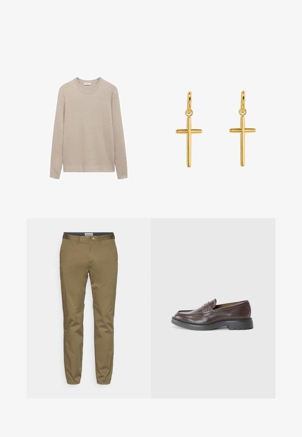 Pull en tricot côtelé beige avec un col rond, des manches longues et un ourlet droit. Texture douce et couleur neutre idéale pour le superposition.; Chinos kaki en mélange de coton, design slim fit avec une texture lisse, dotés d'un bouton marron et de détails tissés à la taille.; Mocassins en cuir marron avec une finition lisse, bout rond, couture minimaliste et une épaisse semelle en caoutchouc noir. Aucun matériel ou accent visible.; Boucles d'oreilles en croix dorées avec une finition lisse et une boucle suspendue, présentant un design simple et allongé. Chaque croix est de taille uniforme.