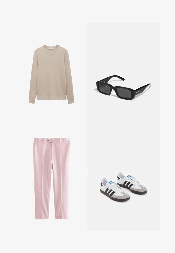 Maglione a coste beige con scollatura rotonda, maniche lunghe e orlo dritto. Tessuto morbido e colore neutro adatto per essere indossato a strati.; Next MOTIONFLEX - Pantaloni eleganti - pink; Scarpe sportive con tomaia in pelle bianca, punta in suede grigia e tre strisce nere. Presentano un logo blu sulla linguetta e una suola in gomma testurizzata.; Arnette THEKIDD UNISEX - Occhiali da sole - black