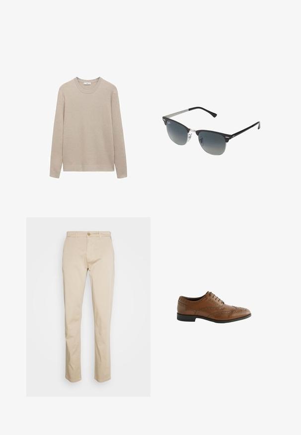 Beige geribbelde gebreide trui met een ronde halslijn, lange mouwen en een rechte zoom. Zachte textuur en neutrale kleur, geschikt voor lagen.; Beige katoenen chino's met een recht model, voorzien van een knoopsluiting en een subtiele textuur. Geen zichtbare patronen of accenten.; Bruine leren kleding schoen met ingewikkelde brogue details, ronde neus en platte hak. Beschikt over vijf vetersluitingen en een gladde textuur.; Zwarte en zilveren zonnebril met een cat-eye vorm, gradient lenzen en metalen accenten op het montuur. Plastic armen met grijze punten.