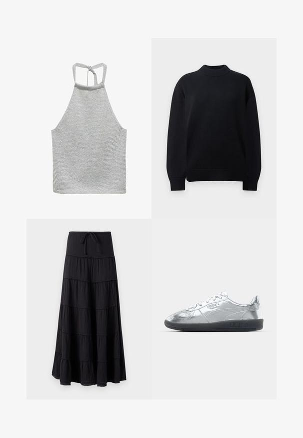 Zwarte gebreide pullover met een geribde ronde hals, verlaagde schouders en geribde mouwen en onderkant. Eenvoudig, effen kleurontwerp.; Mango MARIETA - Top - silver-coloured; Zwarte gelaagde maxi rok met een trekkoord in de taille, met een vloeiende uitstraling en een gestructureerde stof.; Zilveren sneakers met een gladde, reflecterende bovenkant, voorzien van zwarte rubberen zolen en een klassiek vetersluiting ontwerp. Puma-logo aan de zijkant.
