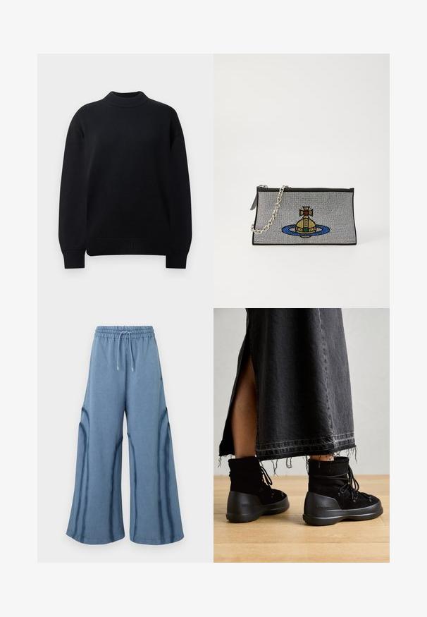 Juodas megztas puloveris su šonkačių apykakle, nusileidusiomis petnešomis ir šonkačių rankovėmis bei dugnu. Paprastas, vienspalvis dizainas.; Mėlynos plačios kelnės su elastinga juosmens juosta ir virvute, su siūlių detalėmis palei kojas.; Juodi sanitetai, pagaminti iš zomšos, su apvalia nosimi, raišteliais ir storesne, tekstūruota gumine pakulne. Matoma nebaigta džinsinio sijono apdaila.; Juodas rankinukas su sidabrine grandine, puikuojantis spalvingu karoliukų raštu, vaizduojančiu geltoną povandeninį laivą, apsuptą mėlynu žiedu.