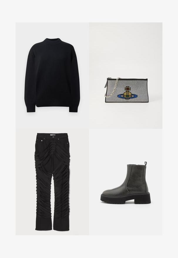 Maglione nero lavorato a maglia con colletto a girocollo a coste, spalle cadenti e polsini e orlo a coste. Design semplice e monocolore.; Pantaloni neri caratterizzati da strisce di tessuto sovrapposte lungo le gambe, con chiusura zip e bottone. Realizzati in un materiale morbido e testurizzato.; Stivali neri alla caviglia con una superficie sintetica liscia, pannelli laterali elastici, una linguetta per la presa e una suola in gomma spessa.; Borsa a pochette nera con tracolla a catena argento, caratterizzata da un design di perline colorate che rappresenta un sottomarino giallo circondato da un anello blu.