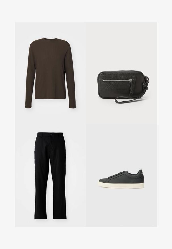 T-shirt à manches longues à col rond en marron foncé. Fabriqué dans un tissu lisse et extensible avec une coupe droite et des coutures minimales. Pas de motifs ni d'accents.; Pantalons en lin noirs avec une coupe droite, dotés d'une fermeture à bouton et sans motifs visibles, texture lisse et poches standards.; Baskets en cuir noir avec un profil bas, bout rond et fermeture lacée ; elles présentent une semelle en caoutchouc texturée et un détail de logo au niveau du talon.; Pochette en cuir noir avec surface texturée, poche zippée à l'avant et poignée amovible. Présente un patch logo sur le devant. Forme rectangulaire.