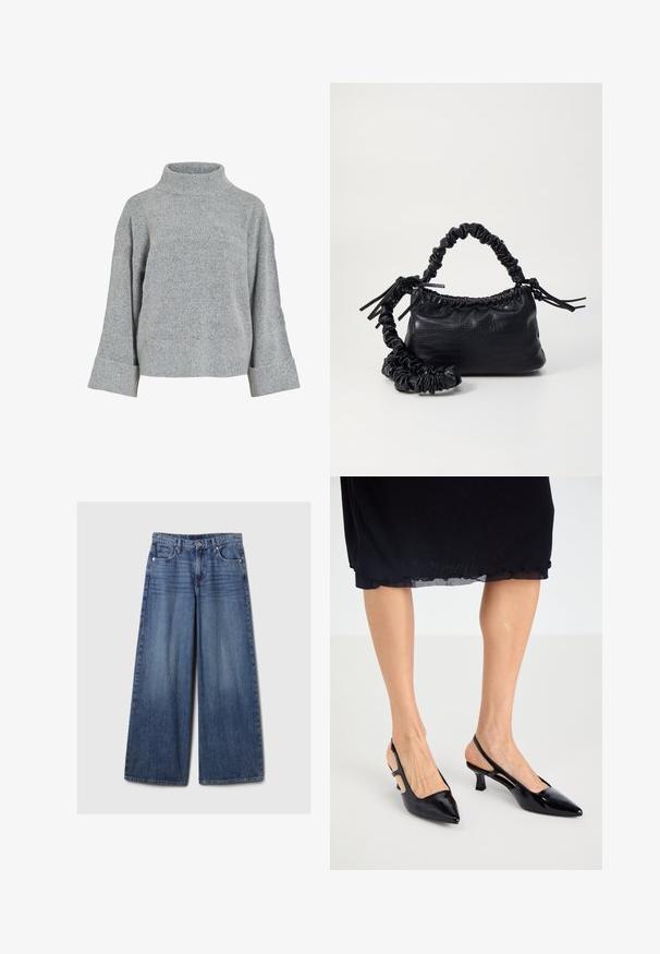 Pulover din lână gri, tricotat, cu guler înalt, mâneci largi și țesătură texturată. Prezintă o croială lejeră și accente ciufulite la manșete și la tiv.; Blugi din denim albastru cu picioare largi, având un finisaj uzat, cu închidere prin buton și fermoar, cinci buzunare și curea.; Pantofi cu toc slingback din piele lacuită neagră, cu vârf ascuțit, toc kitten și detalii decupate pe părți. Textură netedă cu un finisaj lucios.; Geantă din faux leather neagră cu textură de crocodil, cu partea superioară strânsă și o curea mototolită. Pare moale și compactă ca design.