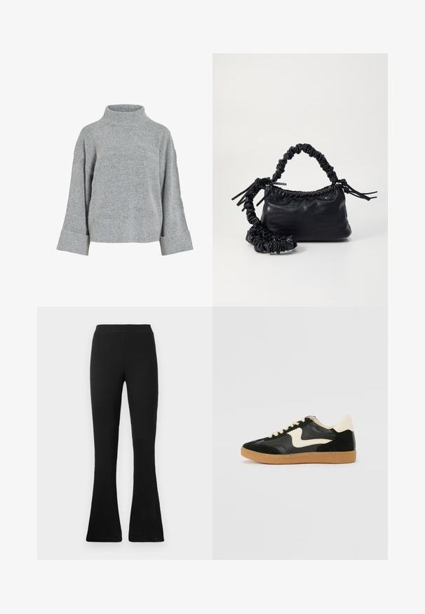 Hallide jämberiga kampsärk, millel on kõrge kaelus, laiad varrukad ja tekstureeritud kangas. Omab lõdva istuvust ning soonikute aktsente varrukate ja ääre juures.; Mustad ribaga vingerdatud püksid kõrge vöökohaga. Pehme, elastne materjal loob keha järgiva silueti ja vingerdatud alaosas stiili ning mugavuse.; Must musta ja nahast sneakersid, millel on koorevärvi külgsuund ja hele koorik. Omab beeži paelu ja kummi kummist välistalla.; Must must sünteetilisest nahast käekott, millel on krokodillimuster, kokku tõmmatav ülaosa ja kortsus rihm. Tundub pehme ja kompaktne disain.