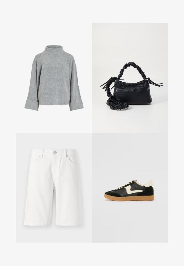 Suéter cinza de malha com gola alta, mangas largas e tecido texturizado. Apresenta um corte casual e detalhes canelados nos punhos e na barra.; Calções de ganga brancos com um design de cinco bolsos, apresentando um fecho frontal com zíper e botão, e corte reto. Textura suave, até ao joelho.; Sapatilha em camurça e couro pretos com um swoosh lateral em creme e um calcanhar em creme claro. Apresenta atacadores bege e uma sola de borracha tipo gum.; Bolsa de mão em couro sintético preto com textura de crocodilo, topo franzido e alça enrugada. Apresenta um design suave e compacto.