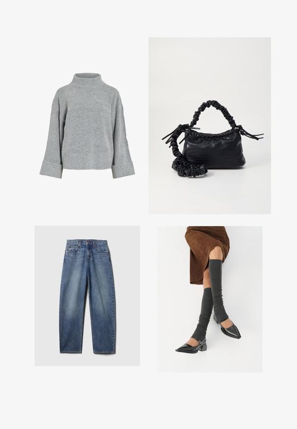 Pulover din lână gri, tricotat, cu guler înalt, mâneci largi și țesătură texturată. Prezintă o croială lejeră și accente ciufulite la manșete și la tiv.; Jeans din denim albastru cu o croială lejeră, având cinci buzunare, cu nituri de cupru și o spălare decolorată. Picioare drepte cu un tiv curat.; Pantofi negri din piele lacuită, cu vârful ascuțit, toc bloc și curea la glezna, asortați cu jambiere gri cu nervuri și o fustă din suede maro.; Geantă din faux leather neagră cu textură de crocodil, cu partea superioară strânsă și o curea mototolită. Pare moale și compactă ca design.