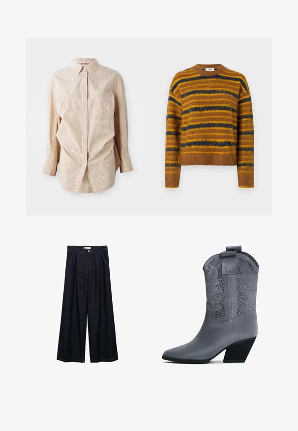 Brown sweater featuring horizontal stripes in yellow and blue. Made of soft, fuzzy material with a crew neckline and long sleeves.; Beige long-sleeve button-up shirt with a checked pattern, features a collar, pocket on the left side, and white buttons.; Dark denim wide-leg trousers with a high waist, featuring a front button closure, two side pockets, and stitching details.; Gray faux suede cowboy boot with pointed toe, decorative cutouts, and a stacked heel. Features a pull tab for easy wear.