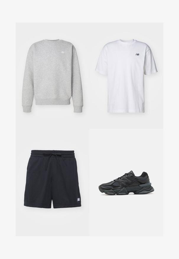 Gray crewneck sweatshirt made of fleece material, featuring ribbed cuffs and hem, with a small white logo on the chest.; White short-sleeve crew neck T-shirt with small black New Balance logo on left chest against a plain background.; Black mesh athletic shorts featuring an elastic waistband with drawstring and a small white logo on the lower right side.; Black running shoe featuring a mix of mesh and synthetic materials, chunky sole, curved design, and prominent branding on the side.