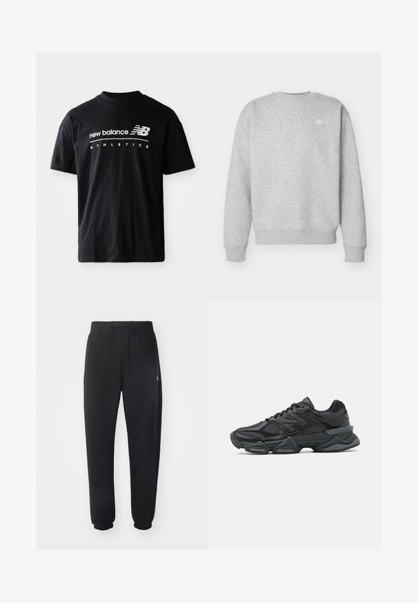 Šedá mikina s okrúhlym výstrihom vyrobená z flísového materiálu, so žebrovanými manžetami a lemom, s malým bielym logom na hrudi.; Čierne bavlnené tričko s okrúhlym výstrihom, krátkymi rukávmi a bielymi nápismi "new balance" a "ATHLETICS" na prednej strane.; Čierne tepláky vyrobené z mäkkého materiálu s elastickým pásom, šnúrkou na stiahnutie a zúženými manžetami, s jemným logom na boku.; Čierna bežecká obuv so zmesou sieťoviny a syntetických materiálov, robustnou podrážkou, zakriveným dizajnom a výrazným logom na boku.