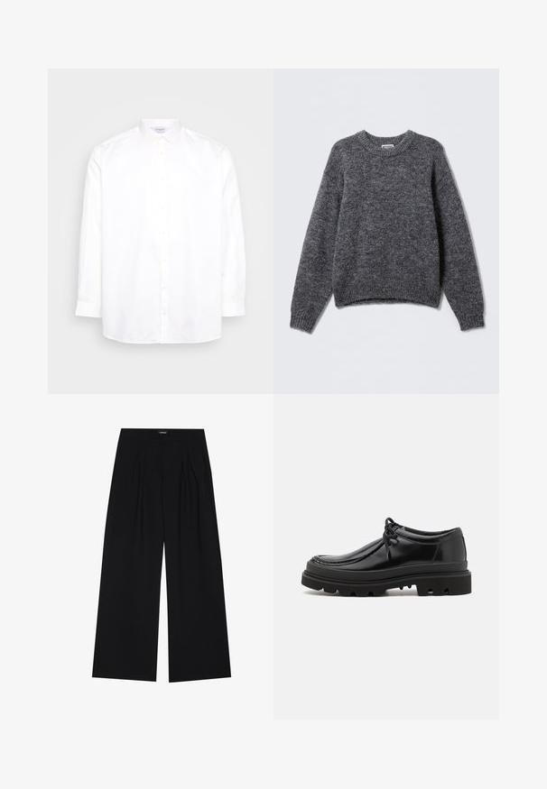 Maglione grigio lavorato a maglia con scollo rotondo, maniche lunghe e polsini e orlo a coste. Texture morbida con un sottile motivo melangiato.; Camicia bianca a maniche lunghe con bottoni, realizzata in cotone. Caratterizzata da un colletto a punta e sei bottoni sul davanti. Tessuto morbido, vestibilità regolare.; YOURTURN UNISEX - Pantaloni - black; Scarpe derby in pelle nera con un design elegante, punta arrotondata e suola in gomma texturizzata con profonde scanalature per una presa migliore.