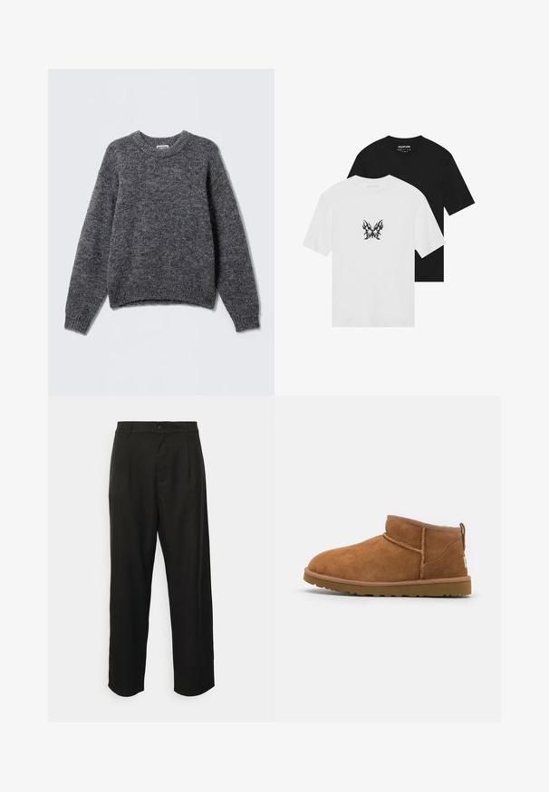 Pull en tricot gris avec un col ras du cou, des manches longues et des poignets et un ourlet côtelés. Texture douce avec un motif chiné subtil sur l'ensemble.; T-shirts à manches courtes en noir et blanc, avec un motif de papillon en flammes sur le devant du t-shirt blanc. En coton.; Pantalons noirs ajustés en tissu lisse, dotés d'une coupe droite, de plis avant et d'une fermeture à un bouton.; Bottine en suède beige avec un bout rond, des détails de couture subtils et une semelle en caoutchouc texturée. Hauteur courte sans lacets.