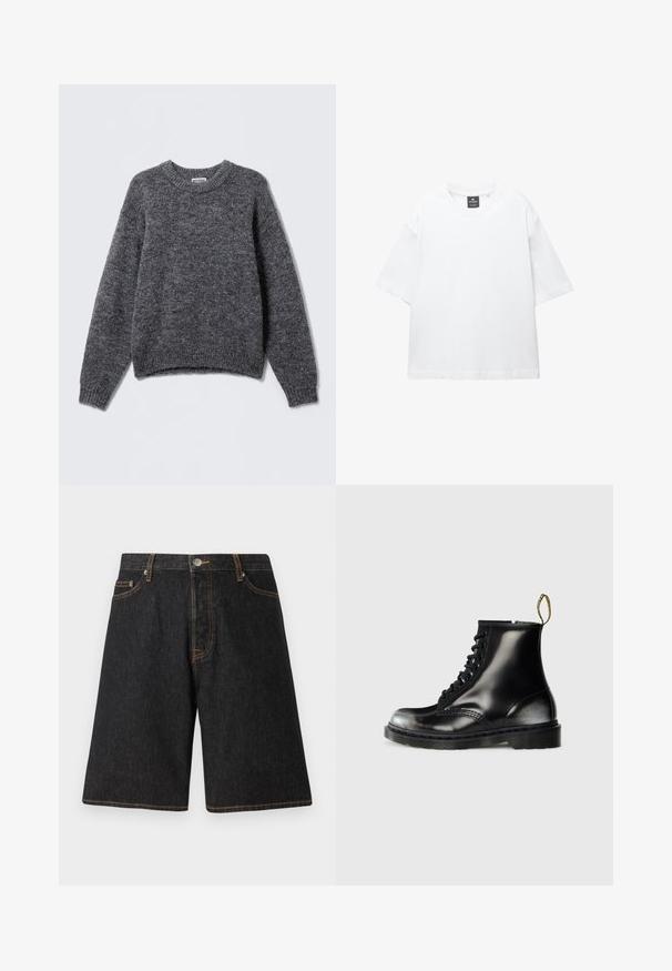 Pull en tricot gris avec un col ras du cou, des manches longues et des poignets et un ourlet côtelés. Texture douce avec un motif chiné subtil sur l'ensemble.; T-shirt blanc à manches courtes en coton, avec un col rond et une coupe décontractée àOurlet droit. Sans motifs ni embellissements.; Shorts en denim noir avec une coupe droite, présentant des coutures orange, cinq poches et une fermeture à bouton en métal à la taille.; Bottines noires en cuir avec une finition brillante, huit œillets, lacets noirs et une languette. Elles possèdent une semelle texturée à profil cranté.
