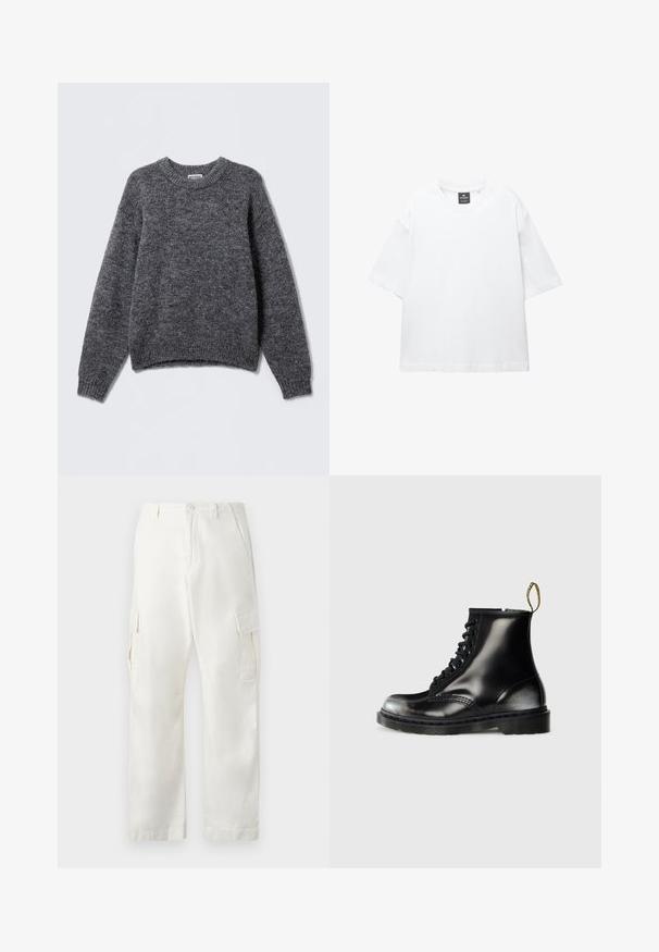 Harmaa neulottu villapaita, jossa on pyöreä kaula-aukko, pitkät hihat sekä ribbireunat hihoissa ja helmassa. Pehmeä rakenne, jossa on hienovarainen, heather-tyylinen kuviointi kauttaaltaan.; Valkoinen lyhythihainen T-paita, joka on valmistettu puuvillasta. Paita on pyöreäkauluksinen, väljästi leikattu ja suorahelmainen. Ei kuvioita eikä koristeita.; Valkoiset cargo-housut, jotka on valmistettu puuvillasta, suoranlahkeisella muotoilulla, kahdella sivutaskulla ja kahdella cargo-taskulla reisissä.; Mustat nahka nilkkasaappaat kiiltävällä pinnalla, kahdeksan reikää, mustat nauhat ja vetolenkit. Ominaisuuksiin kuuluu teksturoitu, uritettu pohja.