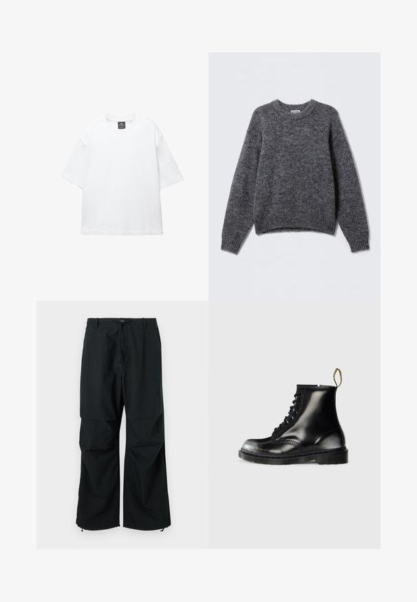 Grauer gestrickter Pullover mit Rundhalsausschnitt, langen Ärmeln und gerippten Bündchen und Saum. Weiche Textur mit einem dezenten, melierten Muster.; Weißes T-Shirt mit kurzen Ärmeln aus Baumwolle, das über einen Rundhalsausschnitt und einen lockeren Schnitt mit geradem Saum verfügt. Keine Muster oder Verzierungen.; Schwarze, weit geschnittene Hose mit einem Kordelzugbund und elastischen Säumen. Hergestellt aus leichtem, strukturiertem Stoff. Schlichtes Design.; Schwarze Leder-Ankle-Boots mit glanzfinish, acht Ösen, schwarzen Schnürsenkeln und einer Zuglasche. Mit einer strukturierten, profilierten Sohle.