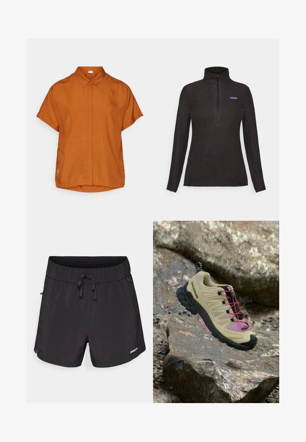 Svart teksturert fleece-genser med lange ermer, kvart glidelås foran og en liten logo-lapp på venstre bryst.; Kortermet oransje skjorte laget av lett stoff, med knappefront, krage og en lett buet nederkant.; Sorte svømmedrakter laget av lett materiale, med elastisk midje, snøring og sidelommer for funksjonalitet.; Beige terrengløpesko med rosa detaljer, teksturerte maskevegger, svart gummisåle og rødt snøresystem. Har en løfletapp på hælen.