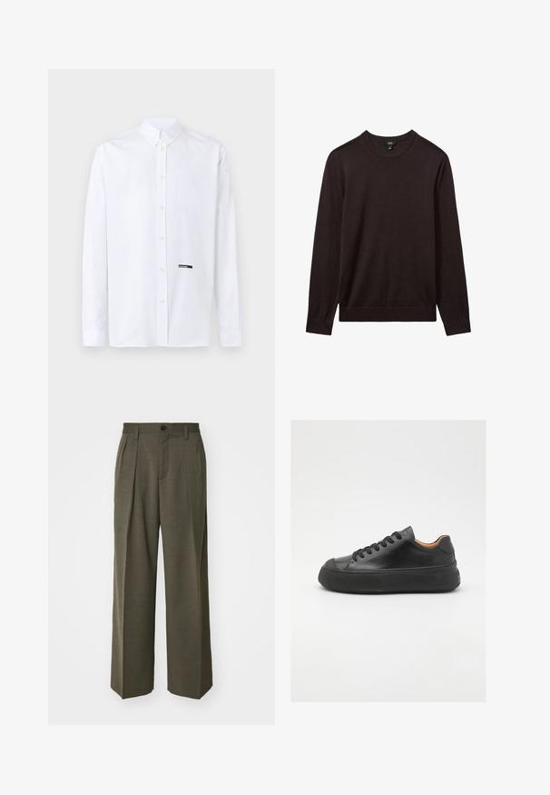 Reiss Striktrøje - dark bordeaux; Hvid langærmet skjorte med knapper, klassisk krave og et lille sort "DSQUARED2" mærke nær den nederste knapplanke.; Filippa K WIDE TROUSERS - Bukser - driftwood; Sort lædersneaker med rund tå, snørebånd foran, glat overflade, tyk gummisål og kontrasterende tan inderside.