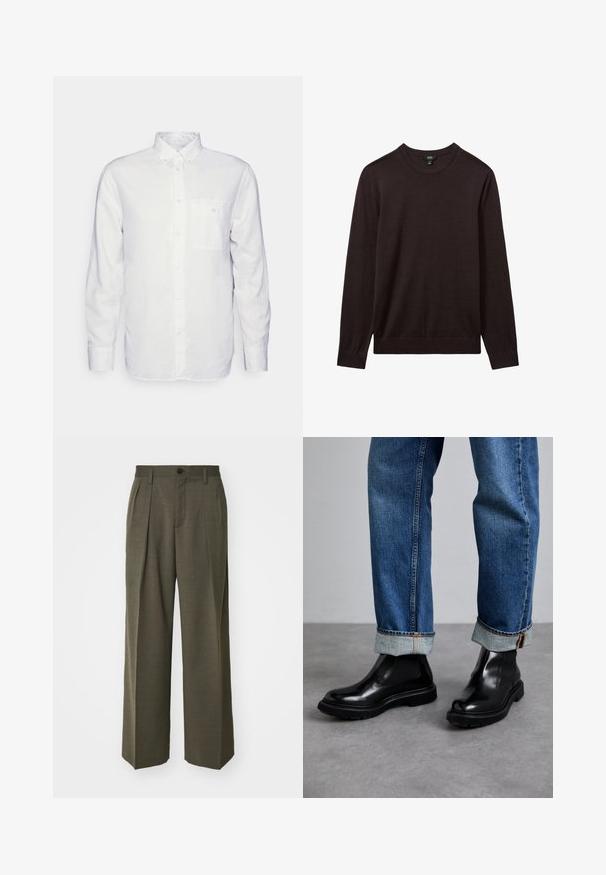 Reiss Strickpullover - dark bordeaux; Langärmliges, weißes Hemd aus Baumwolle mit Button-Down-Kragen, Fronttasche und normalem Schnitt. Strukturierter Stoff mit glatter Oberfläche.; Filippa K WIDE TROUSERS - Stoffhose - driftwood; Schwarze Leder-Stiefeletten mit elastischen Seitenpaneelen und strukturierten Gummisohlen, kombiniert mit umgekrempelten blauen Jeans.