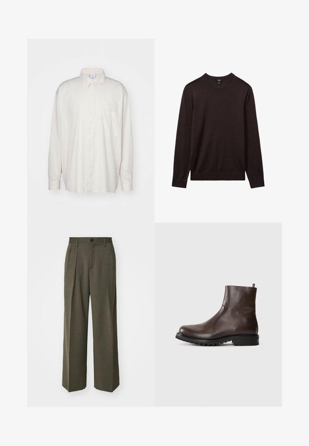 Reiss Maglione - dark bordeaux; Camicia button-up color beige chiaro in cotone, con colletto classico, maniche lunghe e una tasca sul petto. Tessuto liscio.; Filippa K WIDE TROUSERS - Pantaloni - driftwood; Stivale alla caviglia in pelle marrone con una texture liscia, pannelli laterali elasticizzati, linguetta sul retro e suola in gomma robusta.