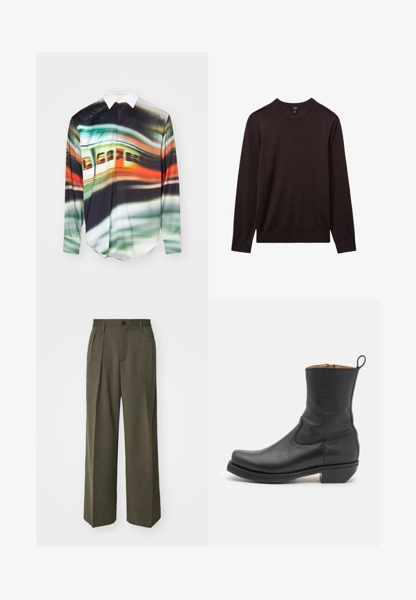 Reiss Jersey de punto - dark bordeaux; Camisa de manga larga con un vibrante patrón abstracto en tonos verdes, naranjas y negros. Diseño con cuello y textura suave y ligera.; Filippa K WIDE TROUSERS - Pantalones - driftwood; Botín negro de cuero hasta el tobillo con una textura suave, perfil esbelto, costuras laterales y un tacón cuadrado bajo. Cuenta con una lengüeta en la parte posterior.