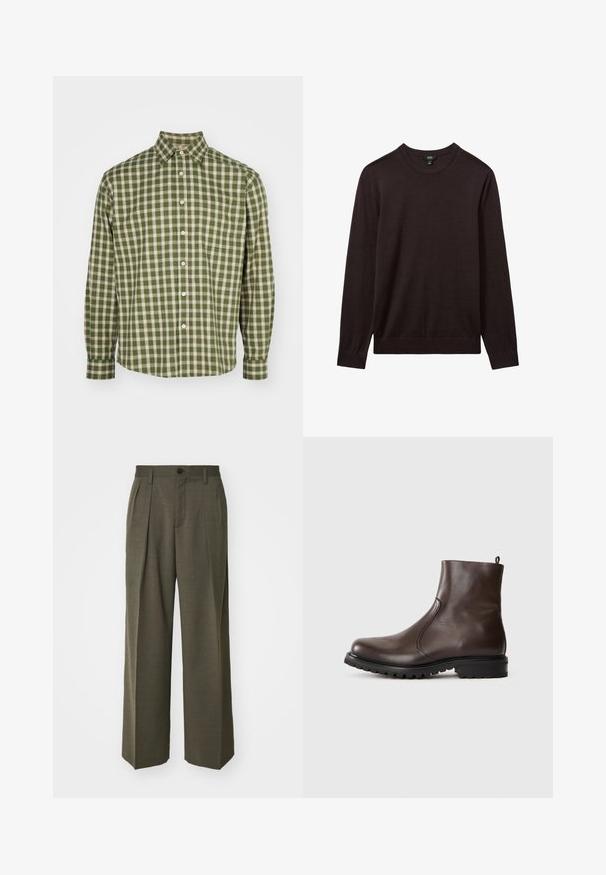 Reiss Strickpullover - dark bordeaux; NN.07 DEON - Hemd - green; Filippa K WIDE TROUSERS - Stoffhose - driftwood; Braune Leder-Stiefeletten mit glatter Textur, elastischen seitlichen Einsätzen, einer Schlaufe hinten und einer robusten Gummisohle.