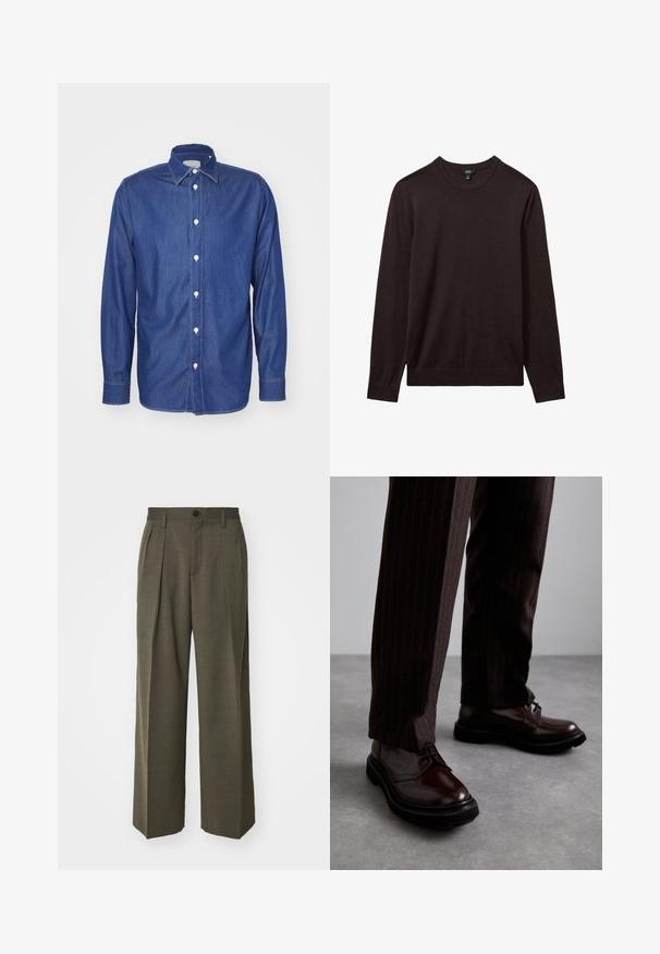 Reiss Maglione - dark bordeaux; Camicia di jeans di colore blu scuro, maniche lunghe, chiusura frontale con bottoni bianchi, colletto classico e cuciture visibili sui bordi.; Filippa K WIDE TROUSERS - Pantaloni - driftwood; Scarpe stringate in pelle marrone con finitura lucida, suola in gomma nera e cuciture sottili. Indossate con pantaloni marroni a righe.