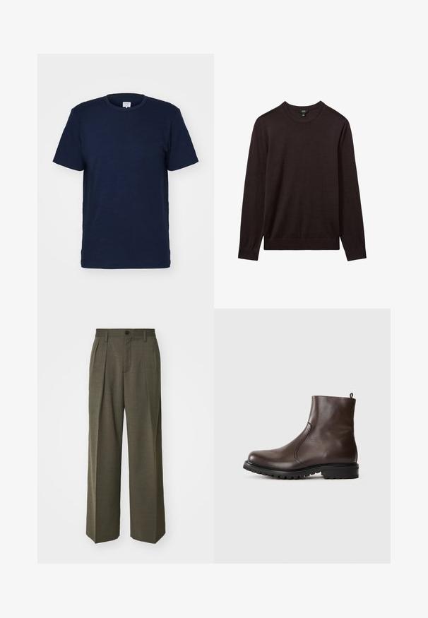 Reiss Maglione - dark bordeaux; T-shirt blu navy a maniche corte con collo tondo, realizzato in tessuto morbido, caratterizzato da una superficie liscia e un design semplice senza fantasie.; Filippa K WIDE TROUSERS - Pantaloni - driftwood; Stivale alla caviglia in pelle marrone con una texture liscia, pannelli laterali elasticizzati, linguetta sul retro e suola in gomma robusta.