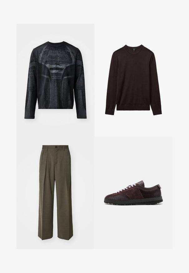Reiss Strickpullover - dark bordeaux; Schwarzes, langärmliges Sportshirt mit einem strukturierten grafischen Druck in Dunkelgrau, mit dem Branding "MISHV" und "SPORT" auf der Vorderseite.; Filippa K WIDE TROUSERS - Stoffhose - driftwood; Paul Smith ZEPHYR - Sneaker low - purple