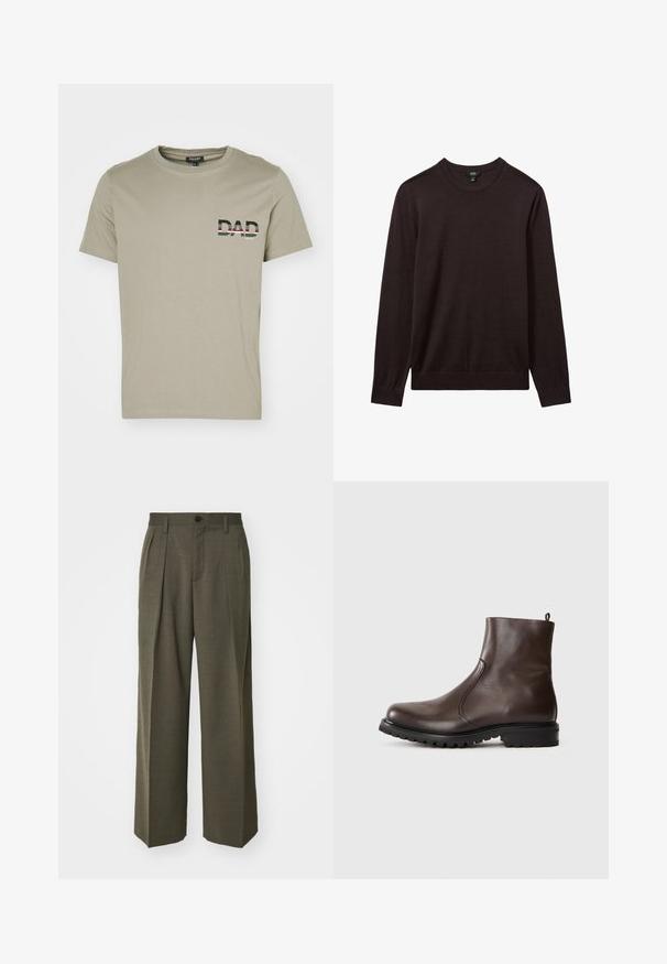 Reiss Džemperis - dark bordeaux; Tamsiai žalios medvilnės marškiniai su apvalia apykakle ir trumpomis rankovėmis; krūtinėje yra žodis "TĖVAS" juoda ir balta spalvomis su dryžuotais akcentais.; Filippa K WIDE TROUSERS - Kelnės - driftwood; Rudos odinės aulinukai iki kulkšnies su lygiu paviršiumi, elastingomis šoninėmis dalimis, užtrauktuku gale ir sunkiu guminėm padu.