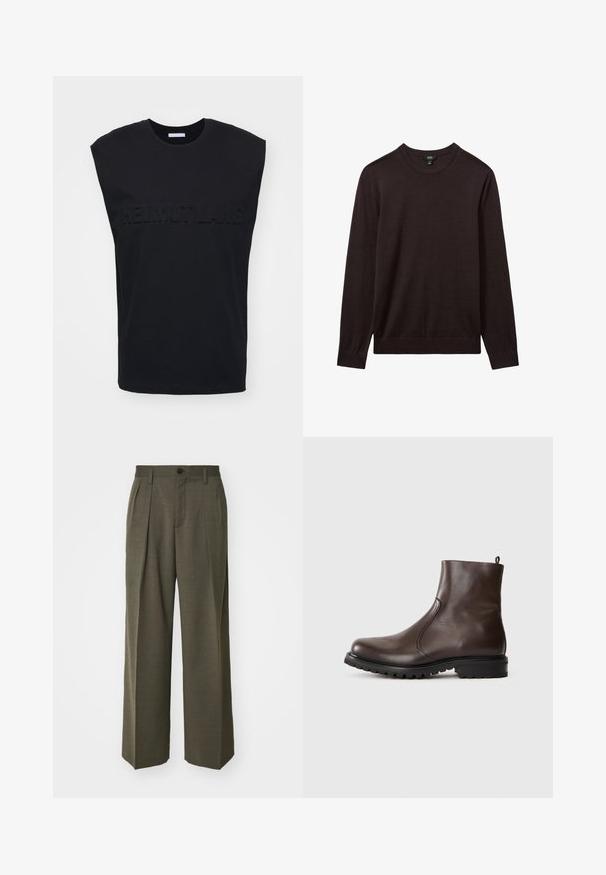 Reiss Maglione - dark bordeaux; Helmut Lang EMBOSSED TANK ROUNDE - Top - black; Filippa K WIDE TROUSERS - Pantaloni - driftwood; Stivale alla caviglia in pelle marrone con una texture liscia, pannelli laterali elasticizzati, linguetta sul retro e suola in gomma robusta.