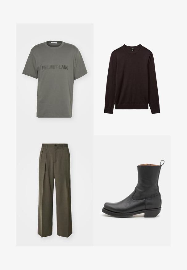 Reiss Striktrøje - dark bordeaux; Oliven grøn bomulds T-shirt med rund halsudskæring, korteærmer og præget "HELMUT LANG" tekst på forsiden. Glat tekstur, afslappet pasform.; Filippa K WIDE TROUSERS - Bukser - driftwood; Sort læder ankelstøvle med en glat overflade, slank profil, sidesyning og en lav kvadratisk hæl. Har en løftestrop bagpå.