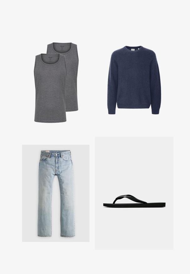 Tumedat sinise värvi kudumist sviiter ümmarguse kaelusega, pikkade varrukate ja soonikuga tekstuuriga. Valmistatud pehmest ja mugavast kangast.; Kaks halli tanki, mis on valmistatud pehmest puuvillasegust. Omab ümmargust kaelust ja varrukateta disaini. Sile tekstuur ja regulaarne lõige.; Heled sinised teksad otse jala lõikega, viie tasku kujundusega ja kontrastõmblustega. Omab lukuga esiotsa ja metallist nööbi sulgemist.; Musta kummist suss, millel on tekstuuriga eraldi sõrmeosa ja lihtne lame tald, kuva külgvaates üheltoonilise heleda tausta ees.