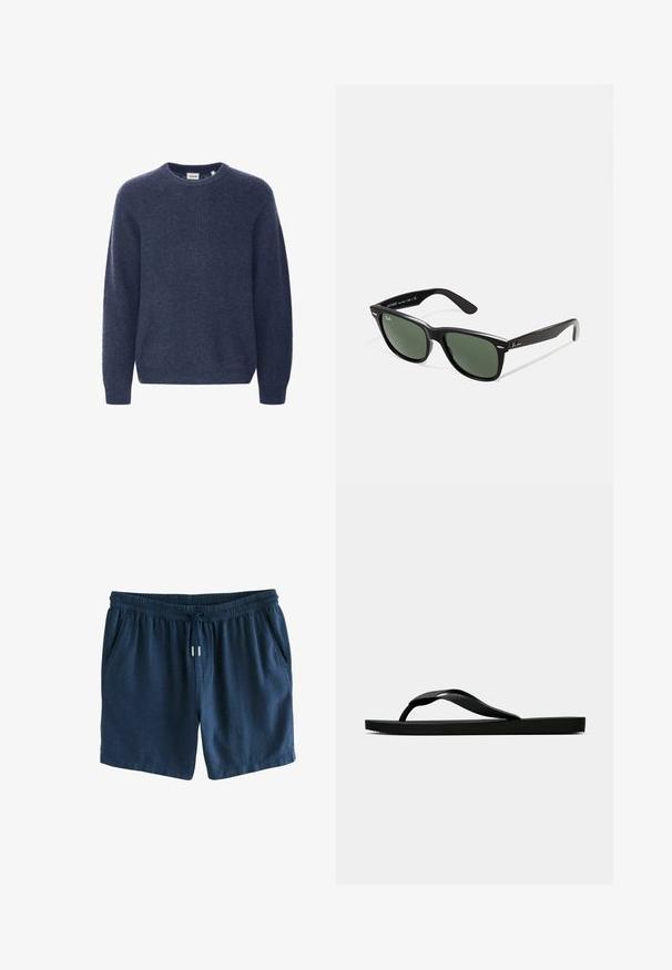 Námořnická modrá pletená svetr s kulatým výstřihem, dlouhými rukávy a hřejivou texturou. Vyrobeno z měkké, pohodlné tkaniny.; Námořnické modré šortky z lehké tkaniny. Mají elastický pas se stahovací šňůrkou a dvě boční kapsy. Jednoduchý design.; Černé gumové žabky s texturovaným páskem a jednoduchou plochou podrážkou, zobrazené z boku na světlém pozadí.; Černé plastové sluneční brýle se zelenými skly, čtvercové obroučky, stříbrný detail na obočí a texturované stranice. Značka uvedená na vnitřní straně stranic.