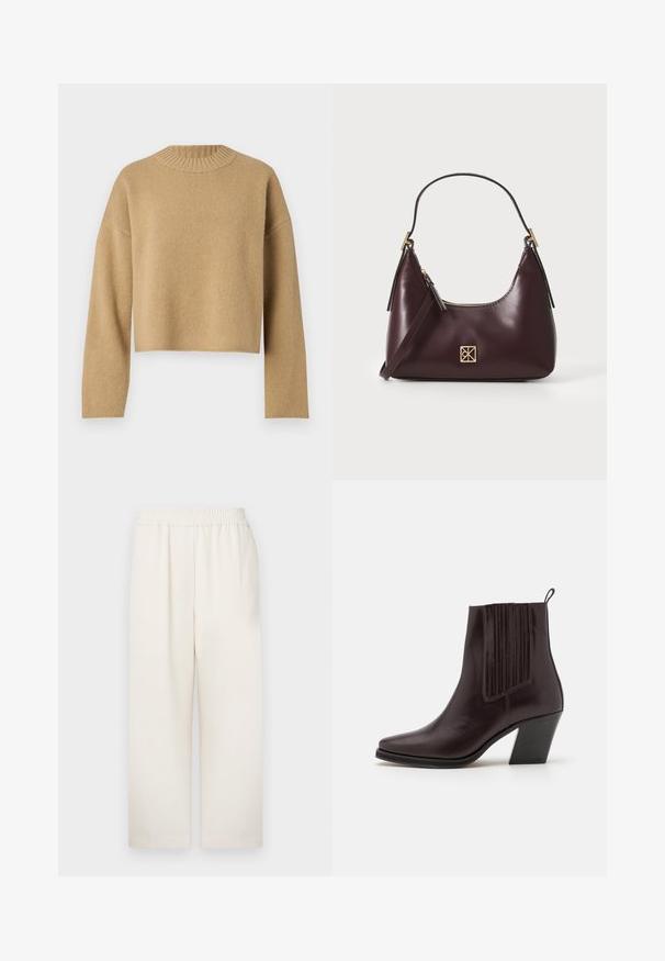 Bežs, īss džemperis ar teksturētu adījumu, apaļu ribotu kakla izgriezumu un garām piedurknēm. Vienkāršs dizains bez papildu rakstiem vai detaļām.; Krēmkrāsas, platajām kājām bikses ar elastīgu jostu. Gluda, viegla auduma struktūra. Iezīmēta ar brīvu piegriezumu un bez redzamām rakstu vai aparatūras detaļām.; Tumši brūni ādas potīšu zābaki ar smailu purngalu, vertikālu rievojumu detaļām sānos un vidēja augstuma bloku papēdi.; Burgundijas ādas rokassoma ar izliekumu, zelta akcenti uz aparatūras un ar rāvējslēdzēju slēgšana. Iezīmē noņemamu plecu siksnu.