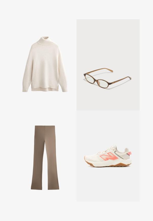 Krémový svetr s rolákem, hřebíkový límec a manžety, měkká pletená textura, volný střih, boční rozparky a mírně prodloužený zadní lem.; Hnědé široké kalhoty s ribovaným vzorem, hladkou texturou a přiléhavým pasem. Bezešvý design bez viditelného kování nebo ozdob.; Béžová sportovní obuv s texturovaným svrškem, růžovými akcenty a světlou gumovou podešví. Má výrazné logo 'N' a polstrovaný, lehký design.; Hnědé želvovinové brýle s oválnými skly, tenkými bočními nohami a průhlednými akcenty. Obsahují decentní logo na stranu. Elegantní, lehký design.