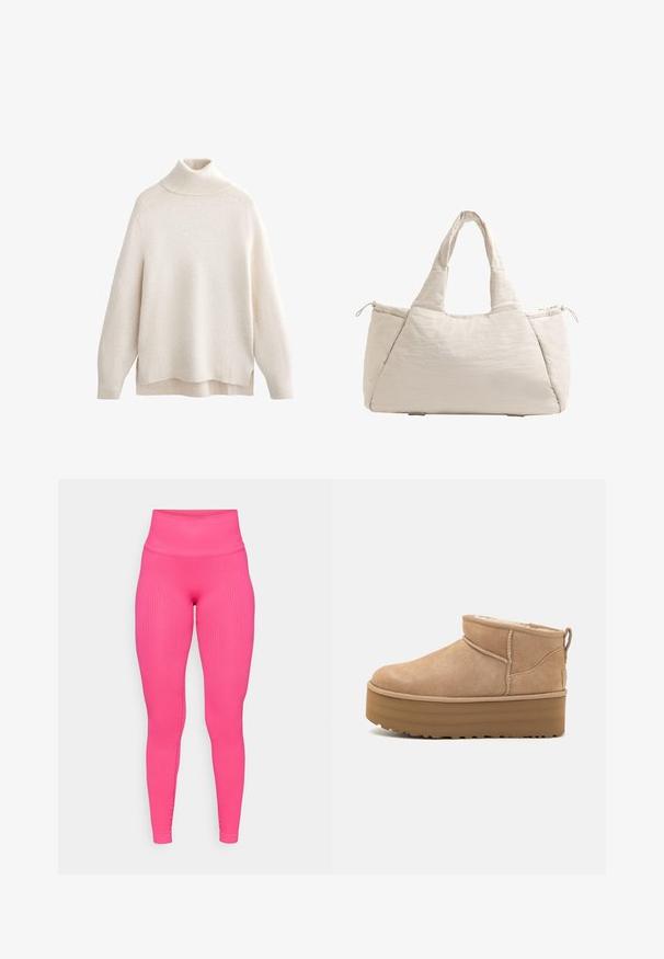 Tejás nyakú krémszínű pulóver, bordázott gallér és mandzsetták, puha kötött textúra, laza fazon, oldalsó hasítékok és enyhén hosszabb hátsó hem.; Csíkozott rózsaszín leggings, magas derékkal, amely szoros illeszkedést és sima textúrát kínál. A dizájn hangsúlyozza a karcsú sziluettet.; Beige velúr boka csizmák puha belsővel, platform talppal és hátul elhelyezett húzófüllel az egyszerű felhúzás érdekében. Texturált gumitalp.; Bézs színű, steppelt táska két füllel, kerek alakú, texturált anyagból készült, és egy zsinóros oldalzsebbel rendelkezik. Simább felület és minimalista dizájn jellemzi.