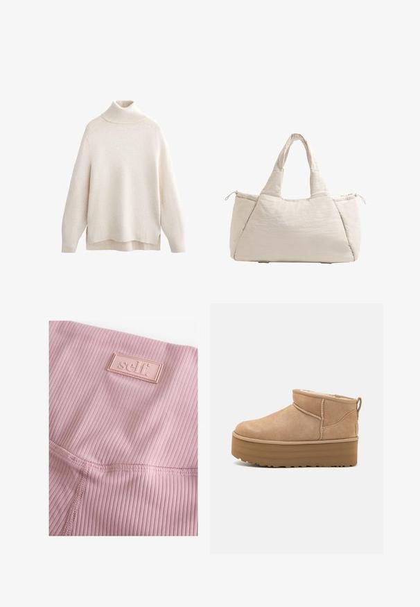 Pull en col roulé crème, avec un col et des poignets côtelés, texture tricotée douce, coupe décontractée, fentes sur les côtés et ourlet arrière légèrement plus long.; Leggings en rose clair à côtes avec une surface texturée et une étiquette en caoutchouc rectangulaire avec le mot "self." brodé.; Bottines en suede beige avec un intérieur moelleux, dotées d'une semelle compensée et d'une languette à l'arrière pour un enfilage facile. Semelle extérieure en caoutchouc texturé.; Sac fourre-tout en beige matelassé avec deux poignées, forme arrondie, tissu texturé et poche latérale à cordon de serrage. Fini lisse, design minimaliste.