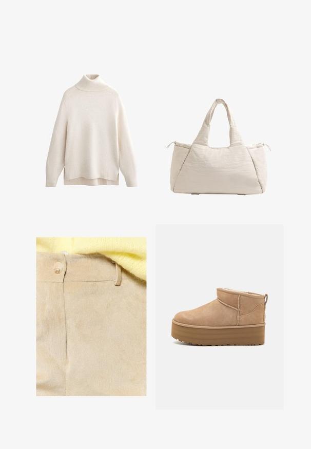 Crème col opstaande trui, geribbelde kraag en manchetten, zachte brei textuur, ontspannen pasvorm, zijslitsen en een iets langer achterkant.; LolaLiza Broek - lt beige; Beige suède enkellaarsjes met een pluche binnenvoering, voorzien van een plateauzool en een trekhaak aan de achterkant voor gemakkelijk aantrekken. Gemêleerde rubberen zool.; Beige gevoerde schoudertas met twee handvatten, ronde vorm, textuurstof en een trekkoord zijvak. Gladde afwerking, minimalistisch ontwerp.