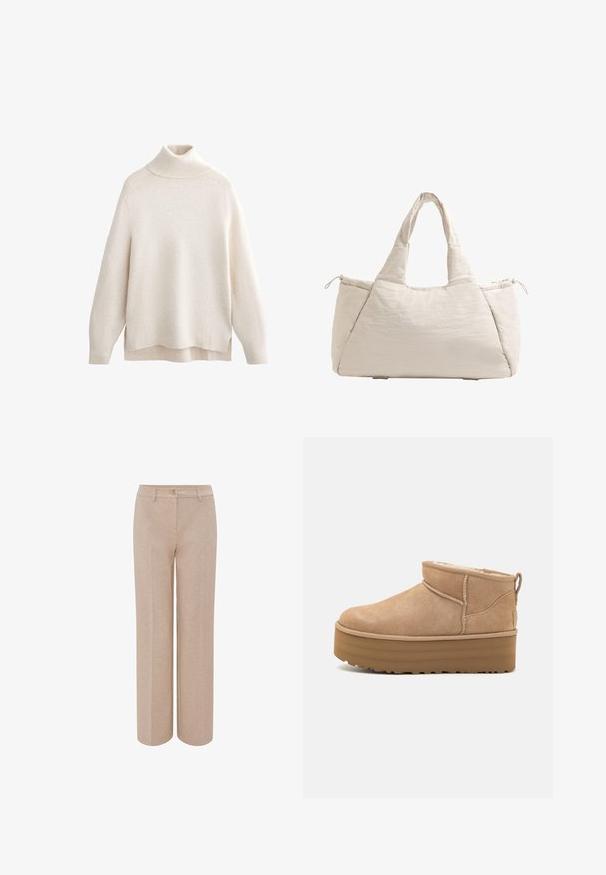 Crème col opstaande trui, geribbelde kraag en manchetten, zachte brei textuur, ontspannen pasvorm, zijslitsen en een iets langer achterkant.; Beige wijde broek gemaakt van zachte stof, met een knoopsluiting en platte voorzakken. Eenvoudig ontwerp zonder zichtbare patronen.; Beige suède enkellaarsjes met een pluche binnenvoering, voorzien van een plateauzool en een trekhaak aan de achterkant voor gemakkelijk aantrekken. Gemêleerde rubberen zool.; Beige gevoerde schoudertas met twee handvatten, ronde vorm, textuurstof en een trekkoord zijvak. Gladde afwerking, minimalistisch ontwerp.