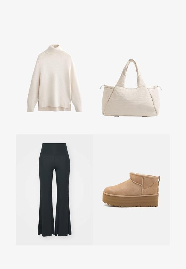 Cream turtleneck sweater, ribbed collar and cuffs, soft knit texture, relaxed fit, side slits, and slightly longer back hem.; Yogasearcher JAIPUR FLARE PANTS - Tracksuit bottoms - forest; Beige suede ankle boots with a plush interior, featuring a platform sole and a pull tab at the back for easy wear. Textured rubber outsole.; Beige quilted tote bag with two handles, rounded shape, textured fabric, and a drawstring side pocket. Smooth finish, minimalistic design.