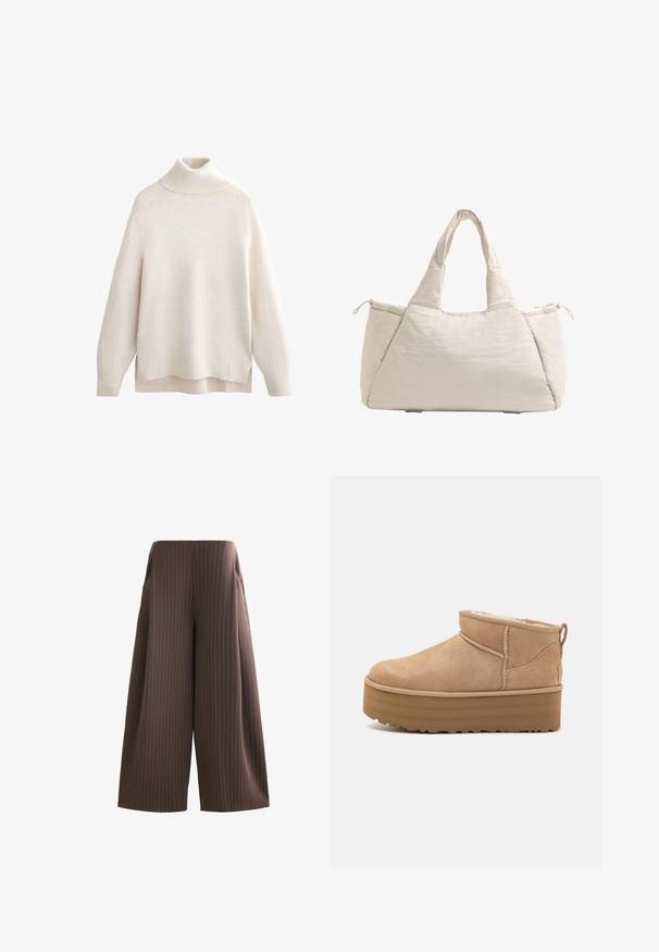 Crème col opstaande trui, geribbelde kraag en manchetten, zachte brei textuur, ontspannen pasvorm, zijslitsen en een iets langer achterkant.; Bruine wijde broek met verticale witte streepjes, voorzien van zijzakken en een gladde textuur. Platte tailleband zonder zichtbaar beslag.; Beige suède enkellaarsjes met een pluche binnenvoering, voorzien van een plateauzool en een trekhaak aan de achterkant voor gemakkelijk aantrekken. Gemêleerde rubberen zool.; Beige gevoerde schoudertas met twee handvatten, ronde vorm, textuurstof en een trekkoord zijvak. Gladde afwerking, minimalistisch ontwerp.