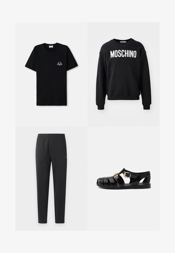 Juodas džemperis, pagamintas iš minkštos medžiagos, su apvaliu iškirpimu ir gipiūrinėmis rankovėmis. Ryškus baltas „MOSCHINO“ logotipas ant priekio.; Juodas medvilnės marškinėliai su apvalia iškirpte. Su mažo balto grafikos dizaino elementu krūtinėje. Trumpomis rankovėmis ir tiesiu pašonu.; Juodos sportinės kelnės, pagamintos iš minkštos medžiagos, su elastinga juosmeniu, tiesiomis kojomis ir nedideliu logotipo akcentu šone.; Juodos gumos šlepetės su išpjovų dizainu, su auksine sagtimi ir tekstūruota padu. Ant kulno atspaustas logotipas.