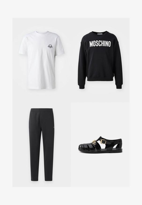 Sudadera negra hecha de una tela suave con cuello redondo y puños acanalados. Logotipo prominente en blanco "MOSCHINO" en la parte frontal.; Camiseta de algodón blanca con un pequeño diseño bordado en negro en el pecho; mangas cortas y estilo clásico de cuello redondo.; Pantalones de chándal negros hechos de una tela suave, con una cintura elástica, perneras rectas y un pequeño detalle del logo en el lateral.; Sandalias de goma negras con diseño perforado, que cuentan con un cierre de hebilla dorada y una plantilla texturizada. Logo estampado en el talón.