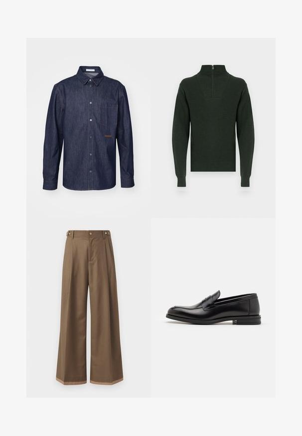 Dark green knitted sweater with a high collar and a half-zip closure. Features ribbed cuffs and hem, with a textured finish on the shoulders.; Dark denim shirt featuring a button-up front, pointed collar, single chest pocket, and contrasting stitching details.; Wide-leg trousers in a dark brown fabric, featuring two side pockets, two decorative front buttons, and a contrast hem detail.; Black leather loafers with a smooth texture, rounded toe, and a decorative strap across the vamp. Low stacked heel, minimalist design.