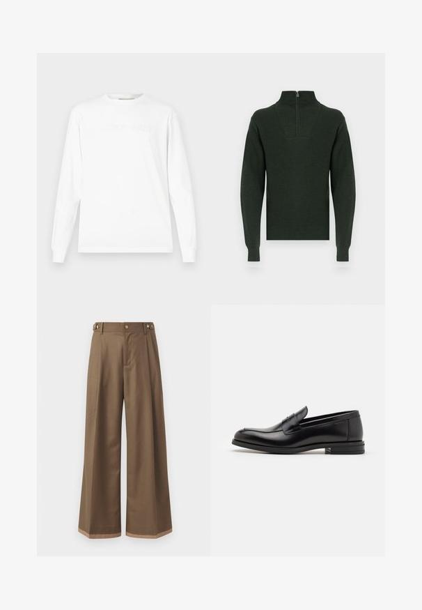 Dark green knitted sweater with a high collar and a half-zip closure. Features ribbed cuffs and hem, with a textured finish on the shoulders.; Long-sleeve white cotton t-shirt featuring embossed text "LST801-WH25" on the chest, round neckline, and cuffed sleeves.; Wide-leg trousers in a dark brown fabric, featuring two side pockets, two decorative front buttons, and a contrast hem detail.; Black leather loafers with a smooth texture, rounded toe, and a decorative strap across the vamp. Low stacked heel, minimalist design.